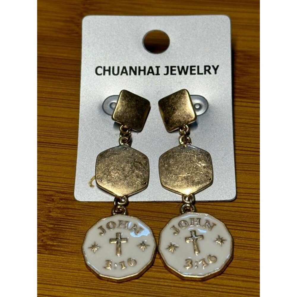chuanhai jewelry gold tone octagon cross coin drop earrings statement nwt new